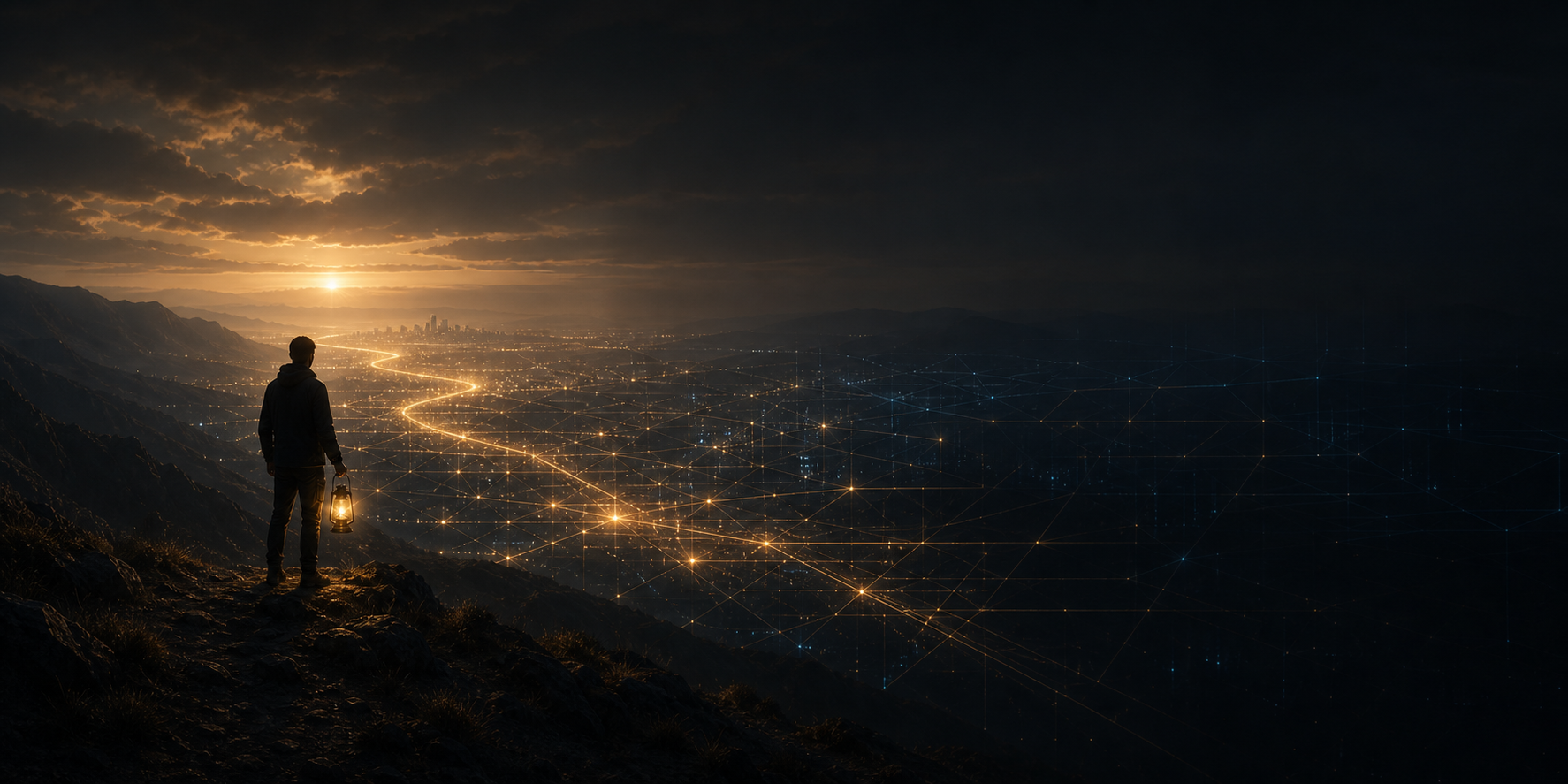 A person holding a lantern over a valley of digital light paths.